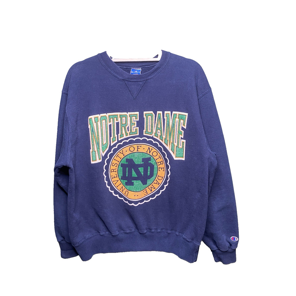 VINTAGE Notre Dame Champion Crew Neck Mens XL Navy Blue Classic College Popover - Picture 3 of 10